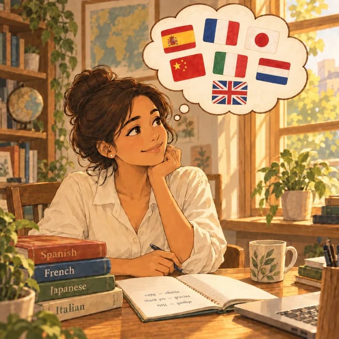 A woman studying with a thought cloud of language flags.